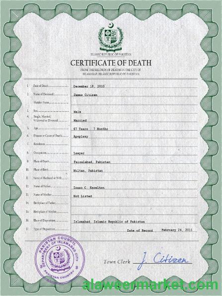 Pakistan vital record death certificate PSD template